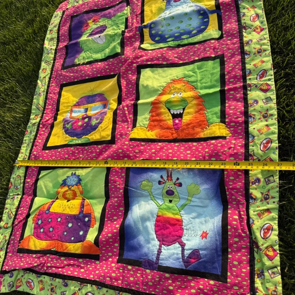 Handmade Monster Character Quilted Baby Blanket Colorful Striped Reverse 27x38
